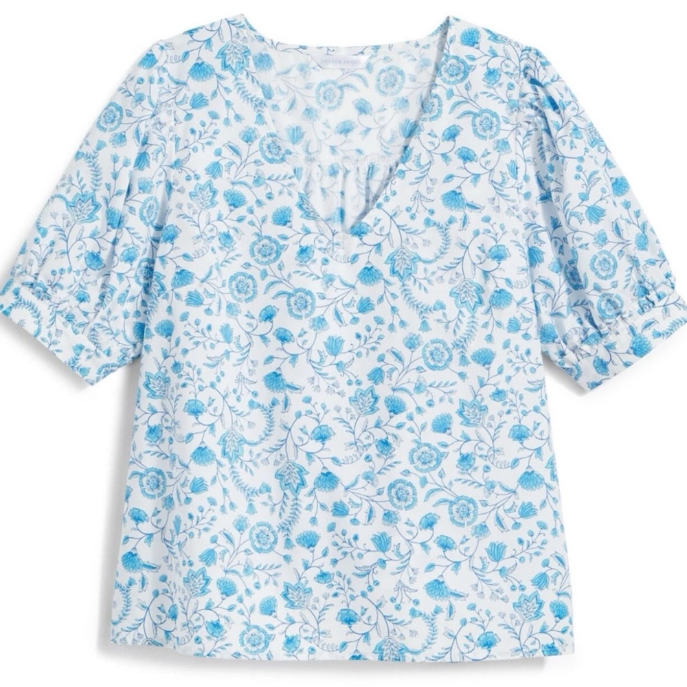 Draper James Blue and White Floral Blouse